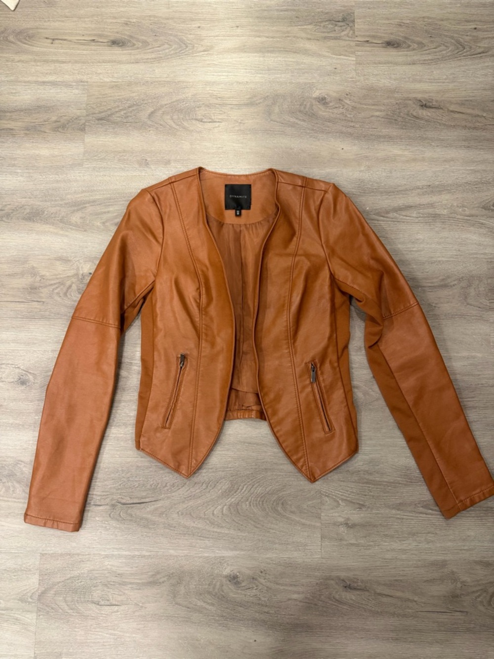 Dynamite Cognac Faux Leather Open-Front Jacket